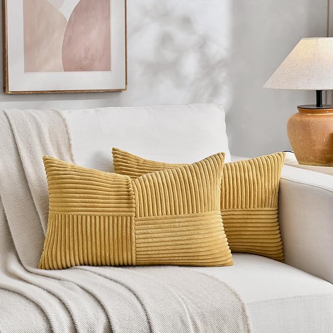 Fancy Homi 2 Packs Mustard Yellow Long Lumbar Decorative Throw Pillow Covers 12x24 Inch for Couch Bed, Rustic Farmhouse Boho Home Decor, Soft Striped Corduroy Rectangle Accent Cushion Case 30x60 cm