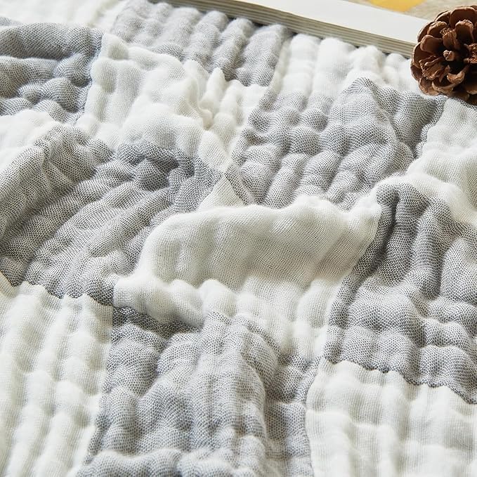 EMME Checkered Cotton Blanket Twin Large 60"x80" 100% Muslin for Couch Breathable Cooling Gauze All Season Soft and Lightweight Pre-Washed (Light Grey)