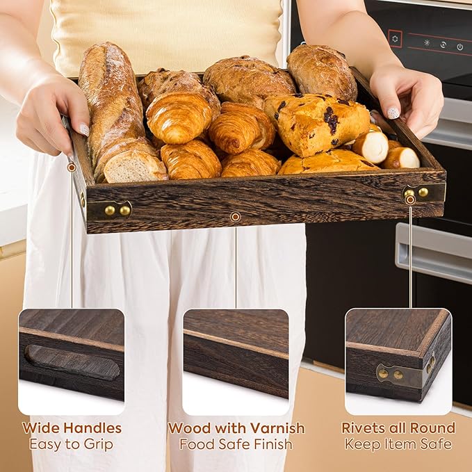 Yangbaga Serving Tray with Handles,12.5"*12.5"Wood Decorative Tray for Living Room,Modern Coffee Table Tray,Square Large Serving Platters for Home Decor,Ottoman,Bed,Kitchen,Bathroom, Breakfast,Bar