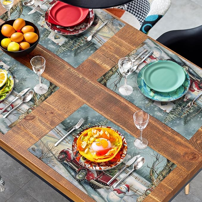 Red Truck Xmas Tree Snowman Christmas Placemats Set of 4 Winter Snowflake Vintage Farmhouse Rustic Place Mats 12x18 Inch Seasonal Christmas Holiday Washable Table Mats for Party Kitchen Dining Decor
