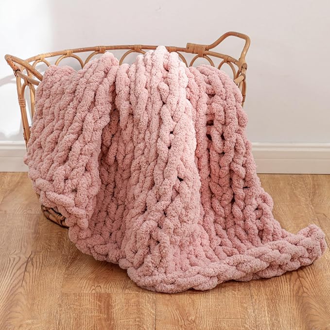 WESHIONGOO Chunky Knit Blanket Throw 40"×40" Knitted Throw Blankets for Couch Bed Fluffy Soft Blanket with Jumbo Chenille Yarn Thick 100% Handmade(Pink)
