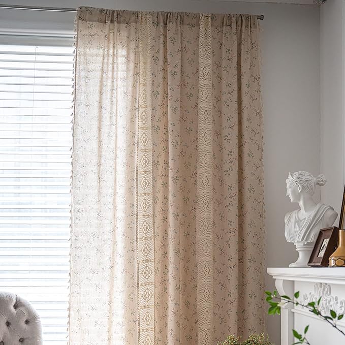 Sutuo Home Boho Curtain Semi-Blackout Crochet Hollow Lace Patchwork with Floral Print Cotton Linen Fabric, Handmade Tassels Rod Pocket Bohemian Window Drapes for Living Bedroom, 59"W x 63"L, 1 Panel