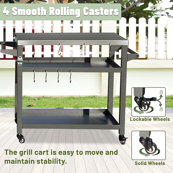 Domi 3-Shelf Outdoor Grill Table, Grill Cart Outdoor with Wheels, Pizza Oven and Food Prep Table, Blackstone with Stainless Steel Tabletop, BBQ Stand for Blackstone Griddle for Outside BBQ