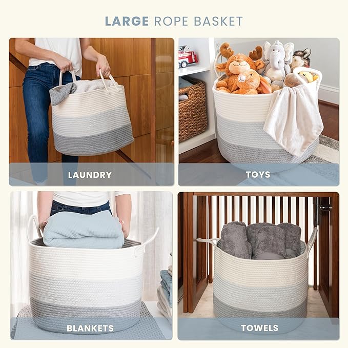 OrganiHaus Large Laundry Basket, Woven Cotton Rope Basket for Blankets, Toy Storage, Nursery Hamper, Living Room Decor Organizer, Soft & Durable Hamper with Handles, 20x13 inches - Gray