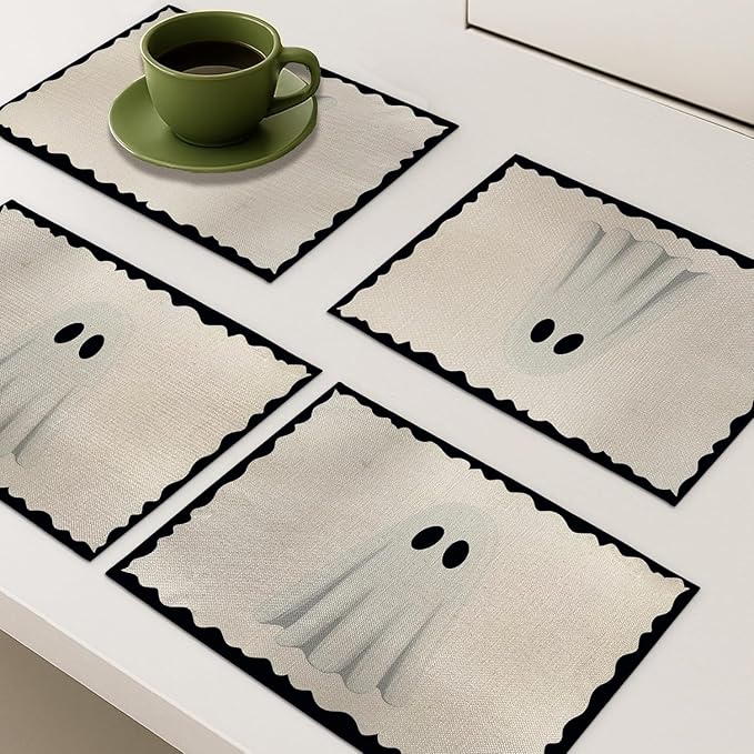 Halloween Ghost Placemats, 4Pcs Black&White Washable Heat Resistant 12×18 Inch Table Mats Cute Place Mats for Party Outdoor Decoration Kitchen Dining Décor