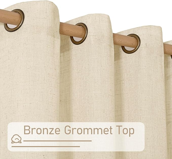 LAMIT Beige Linen Curtains 63 inches Length for Bedroom, Soft Thick Semi Sheer Light Filtering Bronze Grommet Window Treatments Decorative Drapes for Kitchen, 2 Panels Set, 34 x 63 Inch