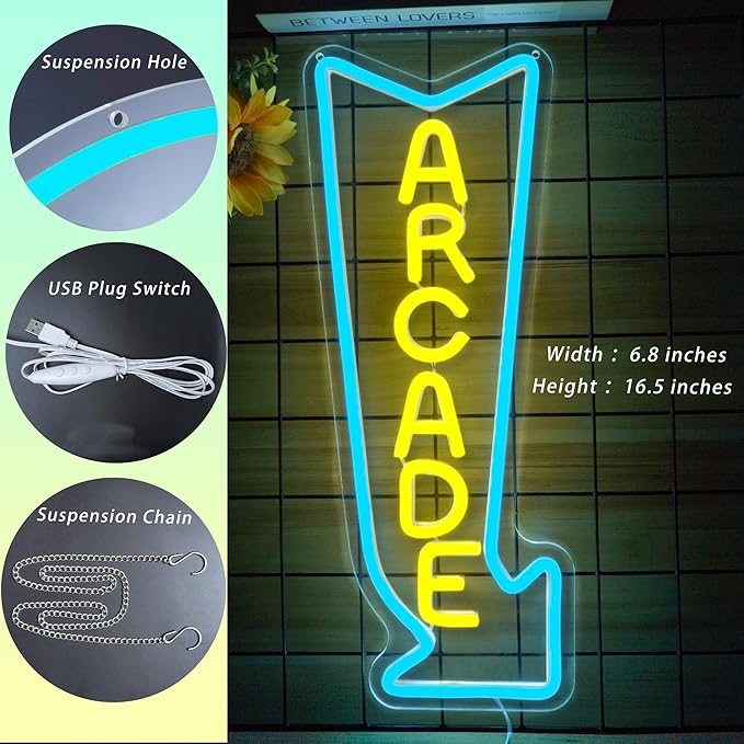 Arcade Neon Sign LED Light Dimmable Gaming Lights for Wall Decor USB Powered Neon Gaming Sign for Game Rooms, Bars and Retro Arcade Decor Gifts for Teenage Boys, Kids