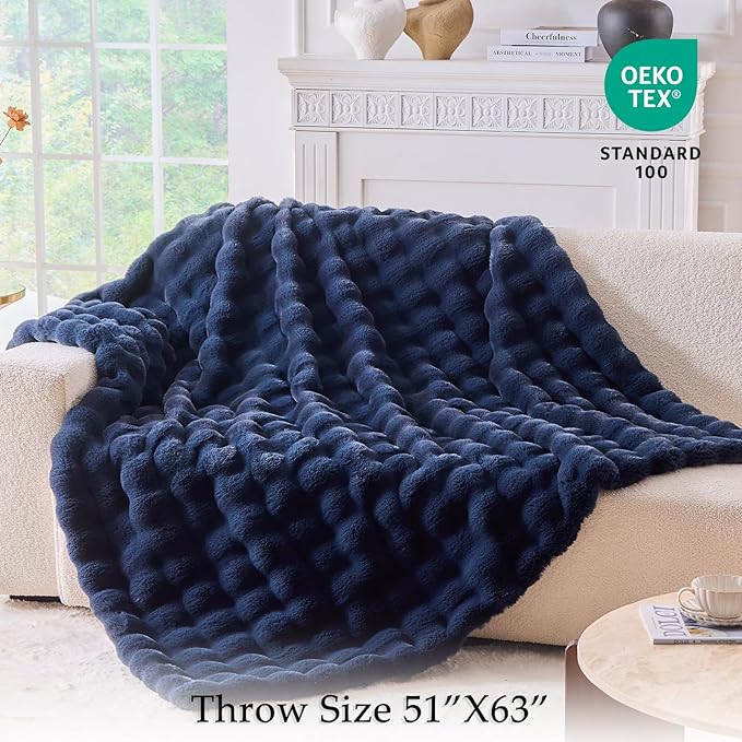 BENVWE Fluffy Faux Fur Throw Blanket for Couch, Soft Plush Thick Cozy Fuzzy Luxury Minky Bubble Blanket for Home Living Room Decor Gift for Women, Navy Blue, 51" x 63", 1100GSM