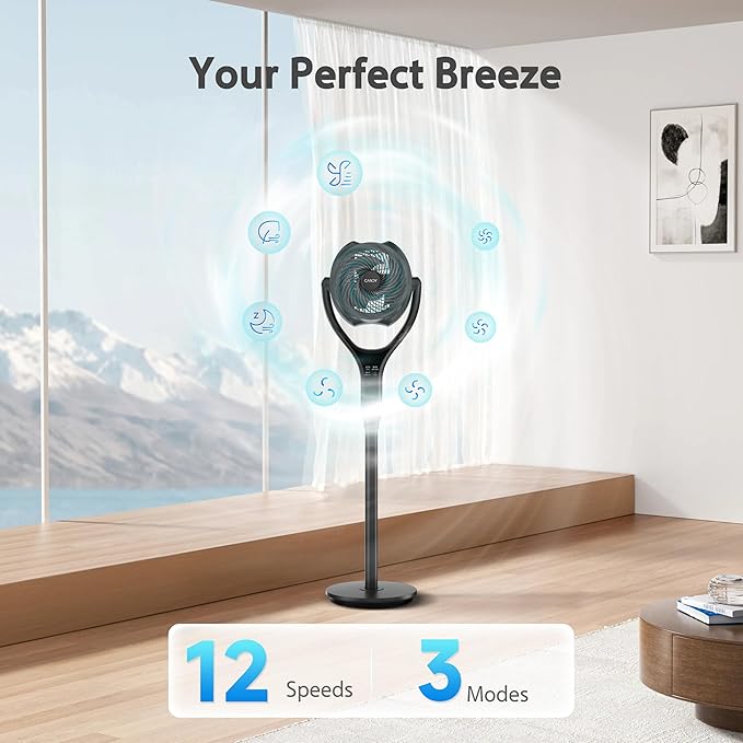 Standing Fan for Bedroom, 90° & 120° Oscillating Pedestal Fan, 3 Heights Adjustable Floor Fan with Brushless DC Motor, 12 Speeds, 3 Modes, Night Light, 12H Timer, Remote for Home, Dorm, Office