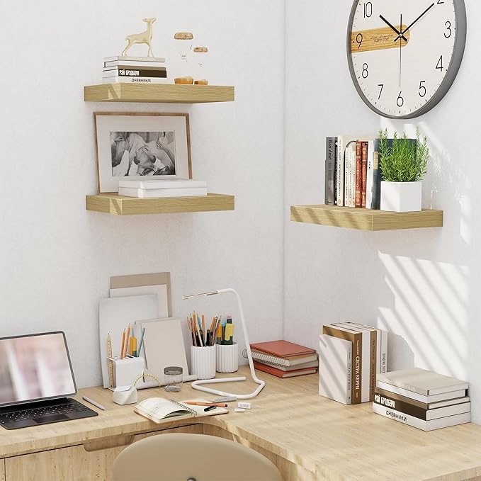Fun Memories Floating Shelves for Wall - 10 x 16 Floating Shelf - Rustic Wood Storage Shelf - Wall Shelves with Invisible Bracket - 16" Bookshelves for Living Room & Bedroom - Oak - Set of 2