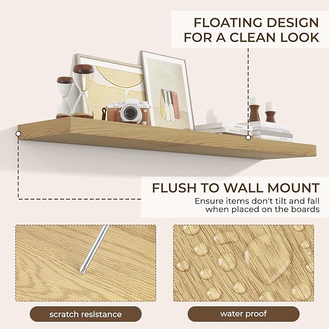 RICHFOCUS 55Inch Floating Shelves for Wall 1 Pack Shelves for Bedroom|Kitchen|Bathroom Wall Mounted Rustic Wood Floating Shelf with Invisible Brackets for Books|Storage|Decor, Oak