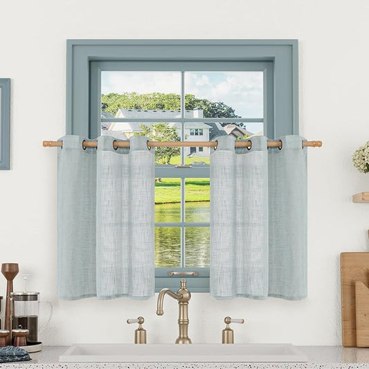 LAMIT Short Linen Curtains 30 Inch Length for Small Windows, Semi Sheer Light Filtering Panels Bronze Grommet Cafe Drapes for Half Window, Greyish Blue, 2 Panels, 34 x 30 Inch