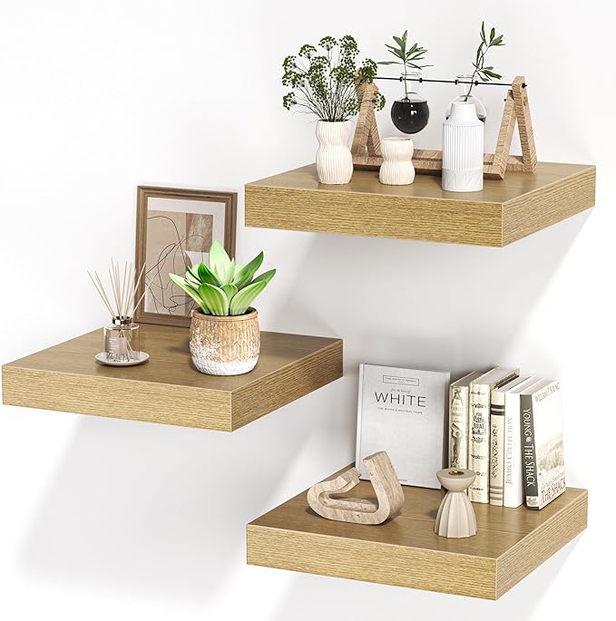 Square Floating Shelves for Wall, 12" W x 12" D x 1.2" H, Small Wooden Wall Mounted Display Shelves with Invisible Brackets for Living Room, Bedroom, Bathroom, Kitchen Decor, Set of 3, Oak