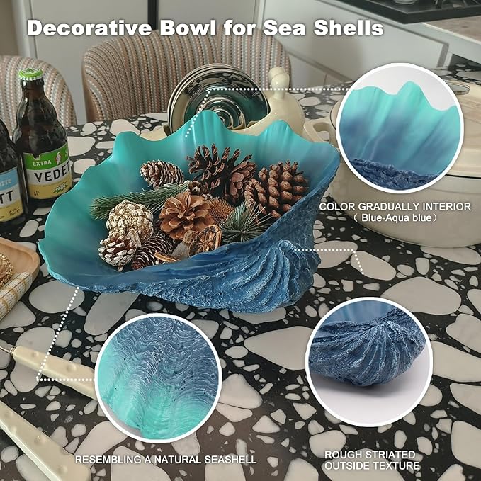 Extra Large Clam Shells Decorative Bowl-Caribbean Blue Sea Shells Decorative Storage Bowls for Coastal Beach theme house table centerpiece decorations & Nautical decor for coffee table-12.4"-1PC