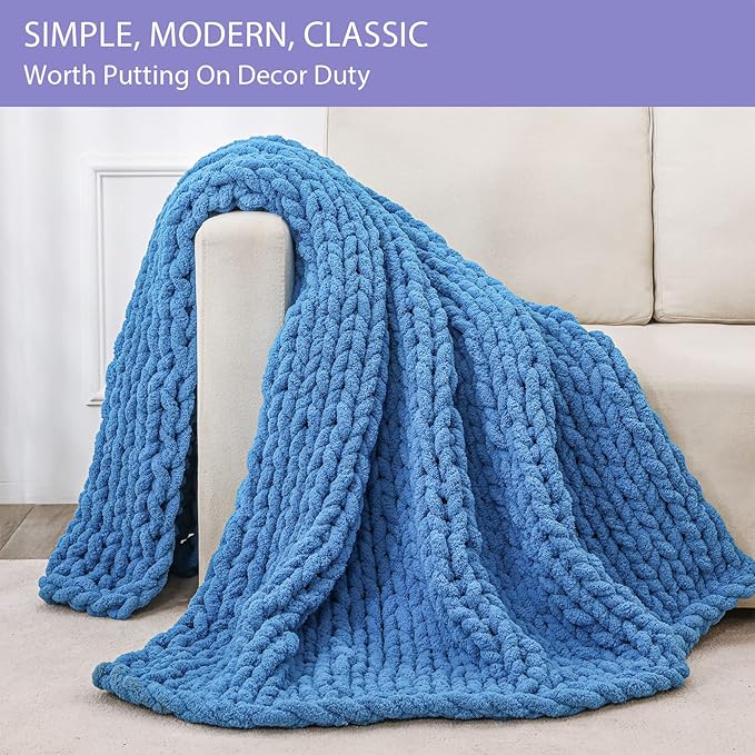 Bigacogo Chunky Knit Throw Blanket for Couch, 40x80 inches, 100% Hand Knitted with Thick Jumbo Chenille Yarn, Cozy Soft Large Rope Knot Cable Crochet Blankets for Sofa Bed Living Room, Bright Blue