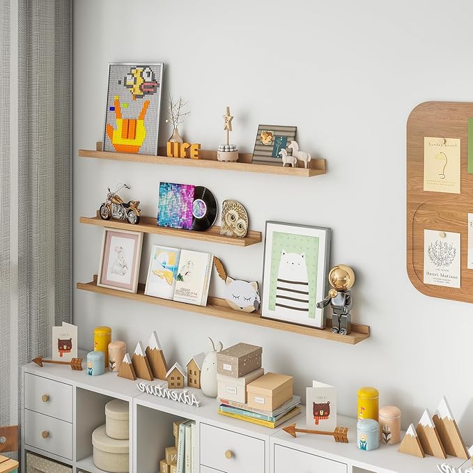 Solid Ash Wood Picture Ledge Shelf, Wood Floating Shelves Set of 2, 48 Inch Long Large Photo Ledge Shelves, Nursery Book Shelves Wall Mounted for Living Room Kids' Bedroom Decor, Natural