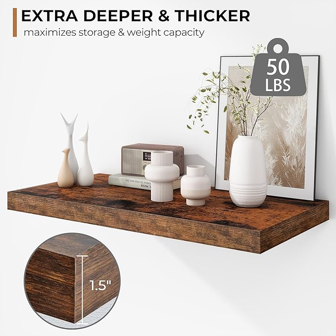 Fun Memories Floating Shelves - 2 Pack 12 Inch Deep Rustic Wooden Wall Shelves - Extra Deeper & Thicker Wall Mounted Storage Shelf for Living Room, Kitchen, Farmhouse - 24" W x 12" D x 1.5" H - Brown