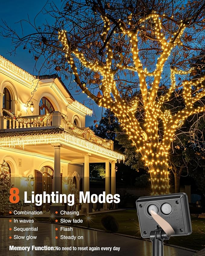 1 Pack Solar Fairy Lights for Outside Waterproof, 49FT/15M 150LED Solar String Lights Outdoor 8 Modes Solar Twinkle Lights for Garden Yard Christmas Tree Wedding Party Decor, Warm White
