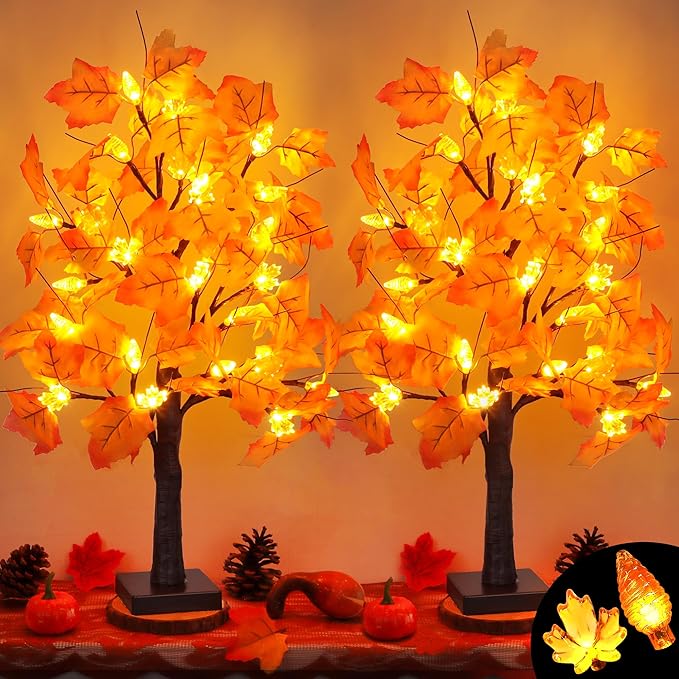 2 Pack 24 Inch Prelit Fall Maple Tree Fall Decor with 48 LEDs Timer Battery Operated Artificial Fall Light Up Tree Maple Acorn for Fall Thanksgiving Decorations Table Home Office Indoor Autumn Harvest