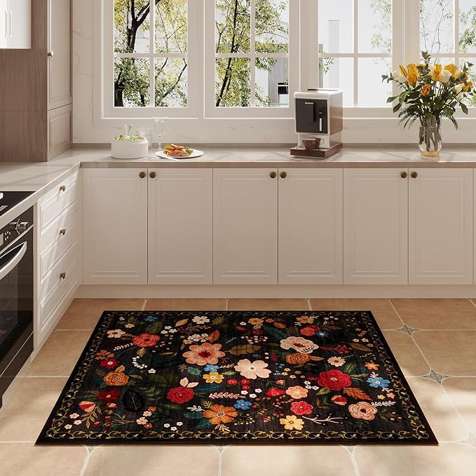 Door Mat Indoor Entrance 2x3 Rug Machine Washable Boho Floral Small Area Rug Non-Slip Low Pile Throw Rugs for Entryway, Kitchen, Front Door Indoor Entrance, Entry, Kids Room (Black)
