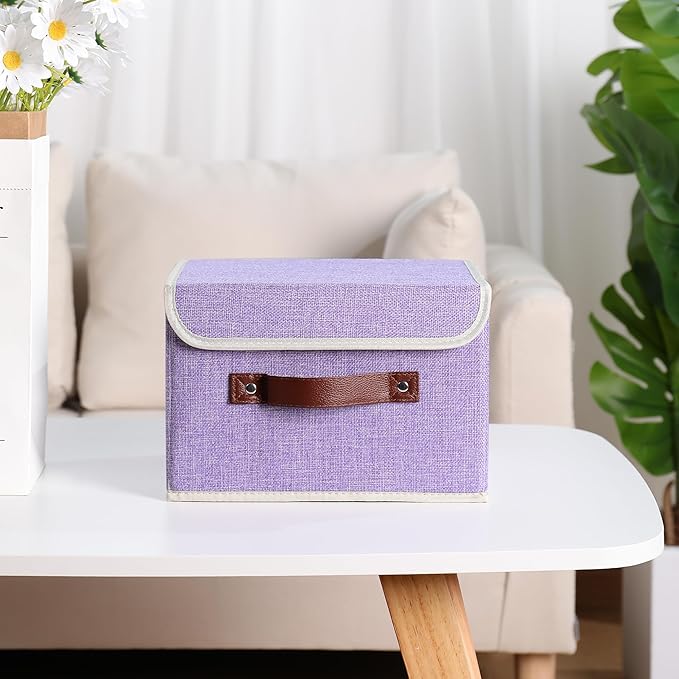 ANMINY 4PCS Storage Bins with Lid PU Leather Handles Storage Boxes PP Plastic Board Decorative Foldable Lidded Cotton Linen Fabric Home Cubes Baskets Closet Organizer Containers - Purple, Small Size