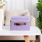 ANMINY 4PCS Storage Bins with Lid PU Leather Handles Storage Boxes PP Plastic Board Decorative Foldable Lidded Cotton Linen Fabric Home Cubes Baskets Closet Organizer Containers - Purple, Small Size
