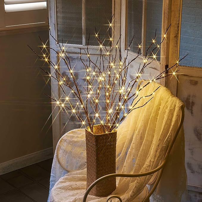Fudios Lighted Twigs and Branches for Vases Plug in 32in Tall,Brown Willow Tree Branches with Lights 150 LED Outdoor Indoor Holiday Party Decor Gift 2Sets