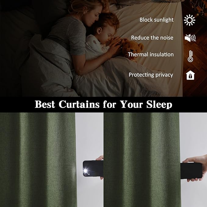 Long Blackout Curtains 108 Inch Long 2 Panels, Back Tab Pleated Look Drapes for Track System with Hooks, Noise Reducing Spring Blackout Winodw Curtains for Living Room 50x108-Loden/Olive Green