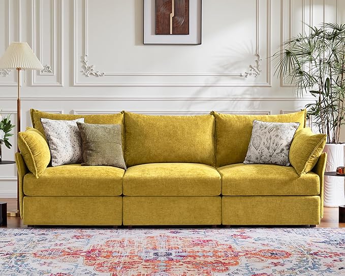 102.6" Modular Sectional Sofa, Oversized 3-Seater Couch with Removable Yellow Chenille Fabric Cover, Deep Seat & High Backrest for Living Room, Office & Apartment