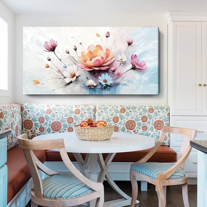 amatop Large Floral Wall Art – Modern Pink White and Blue Abstract Colorful Flower Bouquet Print Large Botanical Canvas Picture Nature Artwork Wall Decor for Living Room Bedroom Office 48x24 inch