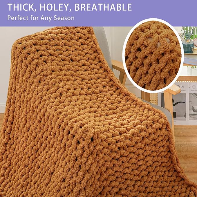 Bigacogo Chunky Knit Throw Blanket for Couch, 51x63 inches, 100% Hand Knitted with Thick Jumbo Chenille Yarn, Cozy Soft Large Rope Knot Cable Crochet Blankets for Sofa Bed Living Room, Burnt Orange