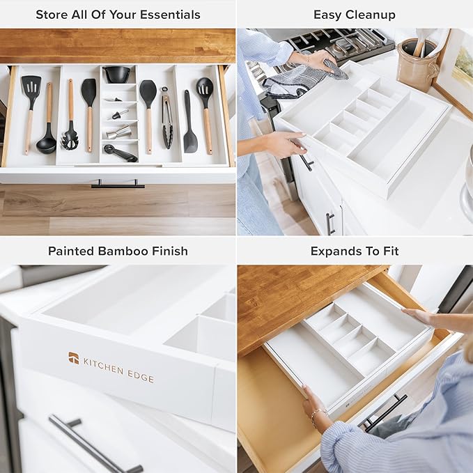 Adjustable Kitchen Drawer Organizer for Utensils and Junk, Food-Safe Contract Grade with 100% Sustainable Wood, Expandable from 19 to 33 Inches Wide - White Bamboo