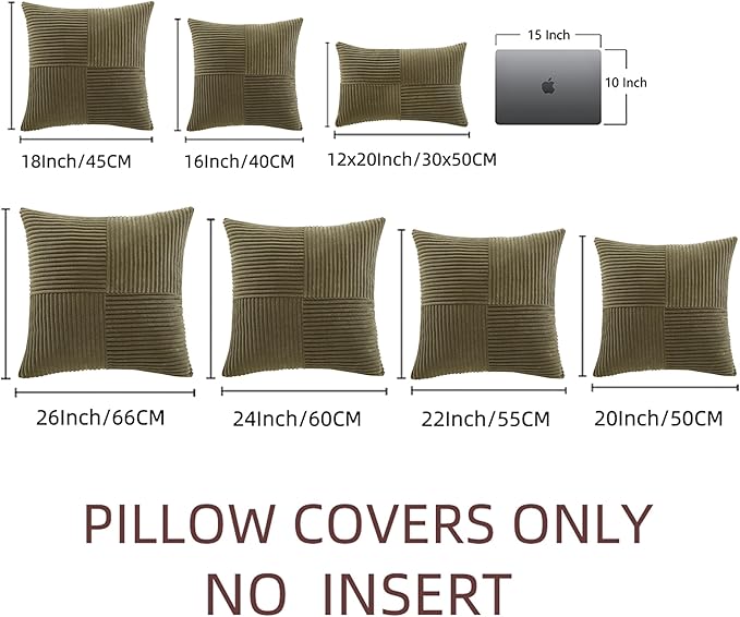Fancy Homi 2 Packs Olive Green Euro Decorative Throw Pillow Covers 28x28 Inch Room Couch Bed, Rustic Farmhouse Boho Home Decor, Soft Corss Corduroy Patchwork Textured Cushion Case 71x71 cm