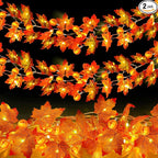 2 Pack Fall Garland with Pumpkin Lights Halloween Decorations Indoor 60 LED 20 Ft Enlarged Maples Leaves Fall Lights Battery Operated Halloween Garland Thanksgiving Decor Home Indoor Outdoor Christmas
