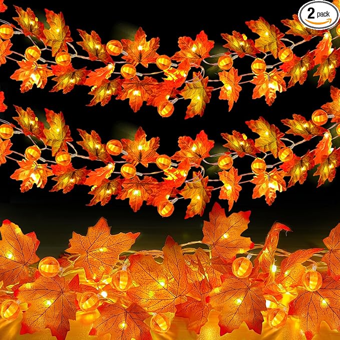 2 Pack Fall Garland with Pumpkin Lights Halloween Decorations Indoor 60 LED 20 Ft Enlarged Maples Leaves Fall Lights Battery Operated Halloween Garland Thanksgiving Decor Home Indoor Outdoor Christmas