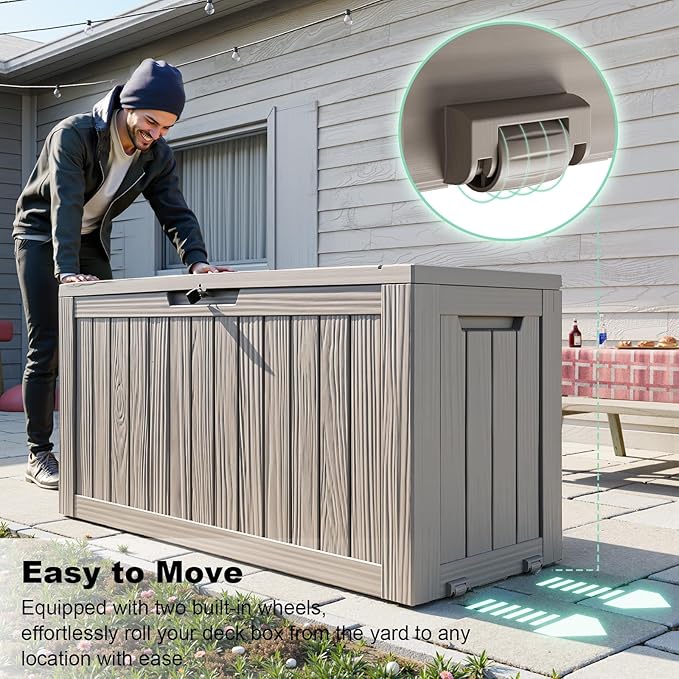 DRATO 75 Gallon Deck Box, Waterproof Resin Large Outdoor Storgae Box for Patio Furniture, Patio Cushions, Gardening Tools, Pool and Sports Supplies, Lockable
