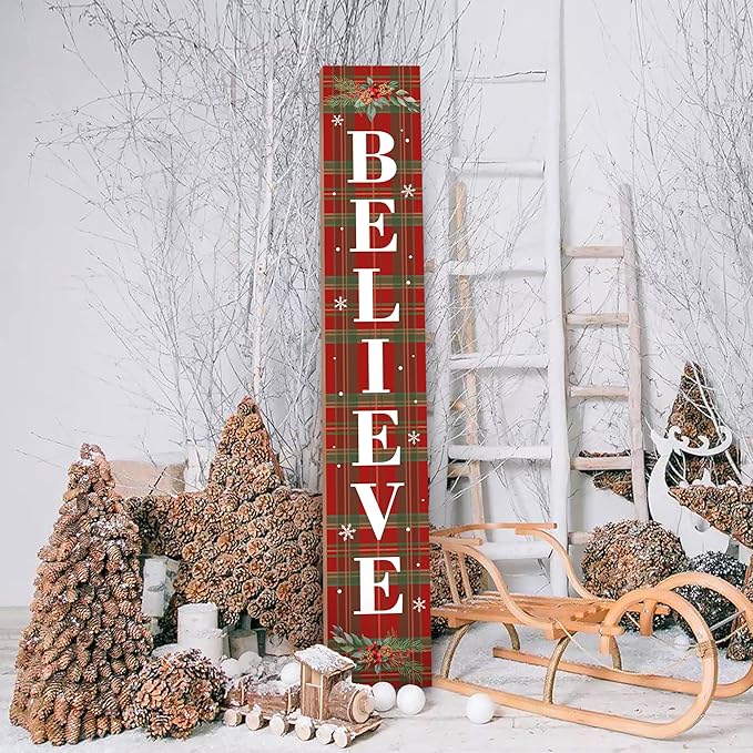 Winter Believe Porch Board Welcome Sign for Front Buffalo Plaid Door Porch Deck Patio or Wall - Indoor Outdoor Decorative Farmhouse Rustic Vertical Porch and Yard Decor - 47.2"H