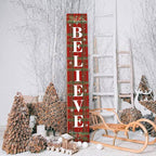 Winter Believe Porch Board Welcome Sign for Front Buffalo Plaid Door Porch Deck Patio or Wall - Indoor Outdoor Decorative Farmhouse Rustic Vertical Porch and Yard Decor - 47.2"H