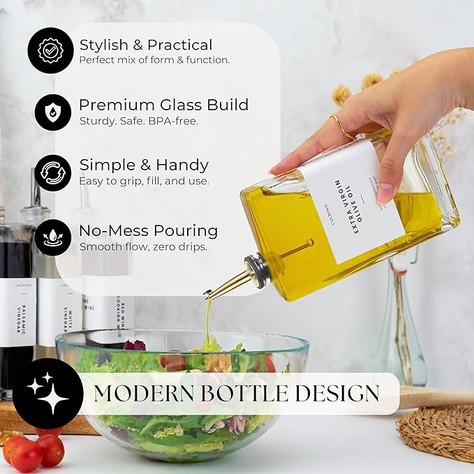 Premium Glass Olive Oil Dispenser Bottle 350ml | Cooking Oil and Vinegar Dispenser Set of 2 | Oil Dispenser for Kitchen with 2 Gold Pourers, Funnel, Brush & 36 Labels