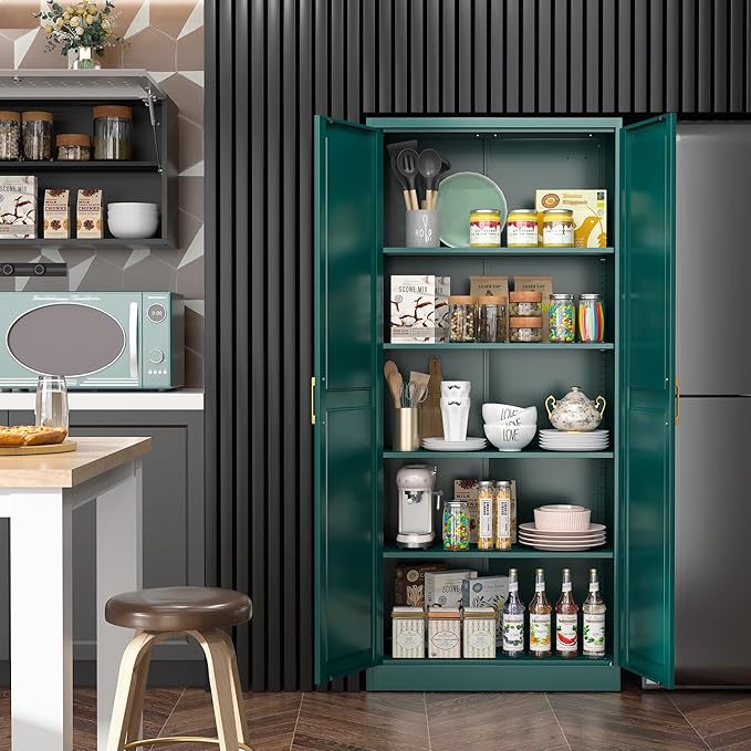 Kitchen Pantry Cabinet,71”Green Metal Pantry Storage Cabinets with Doors and 4 Adjustable Shelves,Kitchen Cabinet with 2 Gold Handles,Tall Cabinet for Livingroom, Bathroom