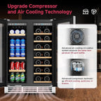 24" Wine and Beverage Refrigerator, Dual Zone Wine Cooler with Glass Door, Hold 88 Cans & 21 Bottles, Built in or Freestanding Under Counter Wine Fridge with Blue LED Light.