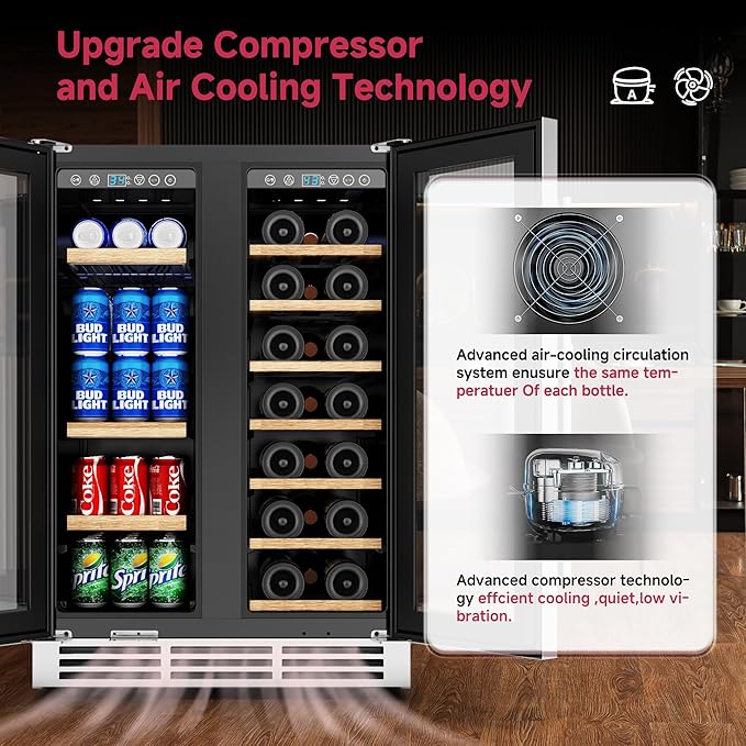 24" Wine and Beverage Refrigerator, Dual Zone Wine Cooler with Glass Door, Hold 88 Cans & 21 Bottles, Built in or Freestanding Under Counter Wine Fridge with Blue LED Light.