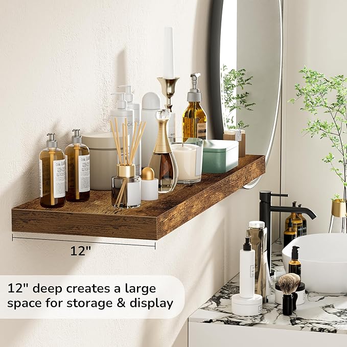 Fun Memories Floating Shelves - 2 Pack 12 Inch Rustic Wooden Wall Shelves - Extra Deeper & Thicker Wall Mounted Storage Shelf for Living Room, Kitchen, Farmhouse - 36" W x 12" D x 1.8" H - Brown