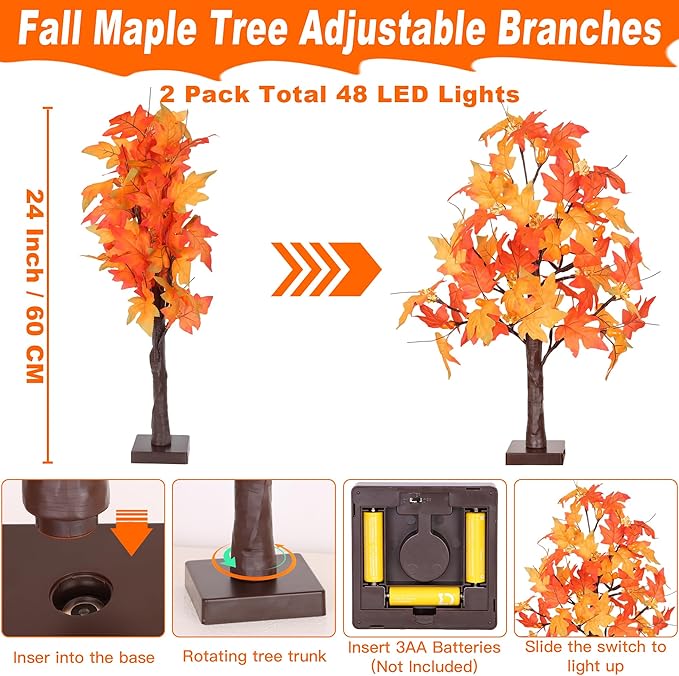 2 Pack 24 Inch Prelit Fall Maple Tree Fall Decor with 48 LEDs Timer Battery Operated Artificial Fall Light Up Tree Maple Acorn for Fall Thanksgiving Decorations Table Home Office Indoor Autumn Harvest