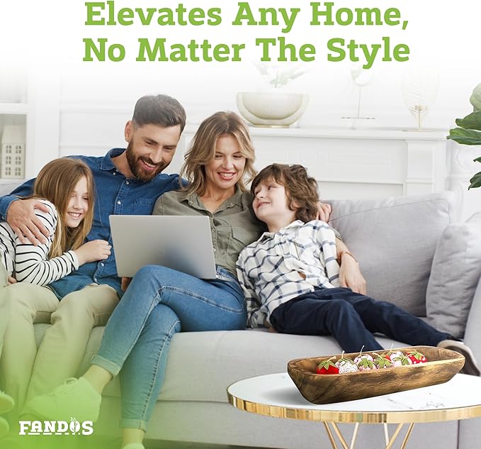 Wooden Dough Bowl for Decor - 17¾ in Long Hand Carved Paulownia, Large Rustic Decorative Bowl for Home Table Centerpiece, Keys, Entryway Table, Catchall Tray & Wooden Dining Room Centerpiece