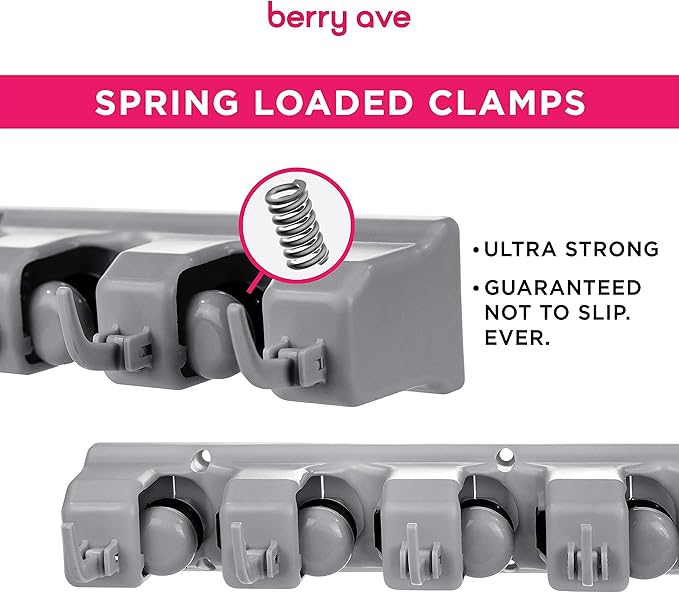 Combo 5 Slot Broom Holder w/ 1 Self Adhesive Mop Gripper No-Drilling, Wall Mount Tool Organizers For Kitchen, Garage, Laundry Room- Anti-Slip Hanger For Brooms, Mops, Rakes, Dustpans (Grey / White)