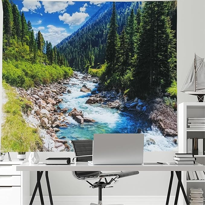Nature Forest Mountain Tapestry Green Pine Tree Stream Tapestry White Clouds Flowing River Valley Landscape Scenery Tapestries Wall Hanging for Bedroom Dorm Living Room Office Classroom 47 x 35 Inch