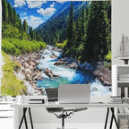 Nature Forest Mountain Tapestry Green Pine Tree Stream Tapestry White Clouds Flowing River Valley Landscape Scenery Tapestries Wall Hanging for Bedroom Dorm Living Room Office Classroom 80 x 60 Inch