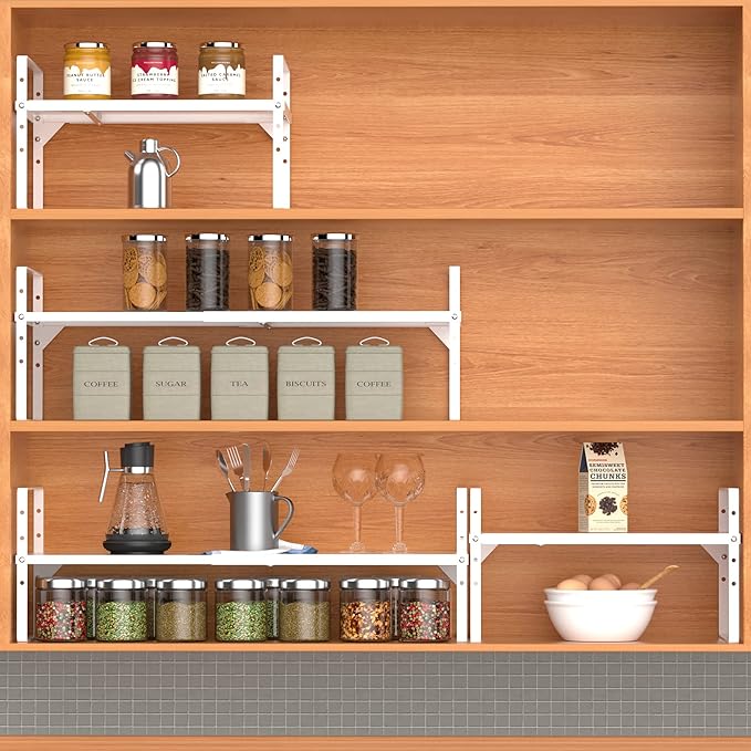 iPEGTOP Expandable Cabinet Storage Shelf Organizer Rack, Heavy Duty Cupboard Stand Spice Rack Adjustable Height Garage Pantry Shelf Space Riser for Counter Kitchen Organization, White, 2 Pack