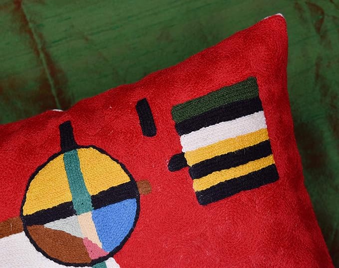 Modern Throw Pillow Cover - Kandinsky Inspired Abstract Pattern - Red - 18" x 18" - Hand Embroidered Wool - Living Room, Office, Bedroom, Outdoor